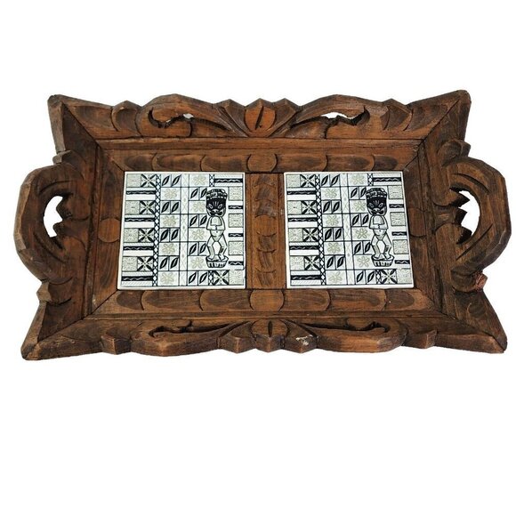 Vintage Wooden Carved Ceramic Brown Mexican Tile Serving Tray Wood Handles Tiki - Picture 1 of 11